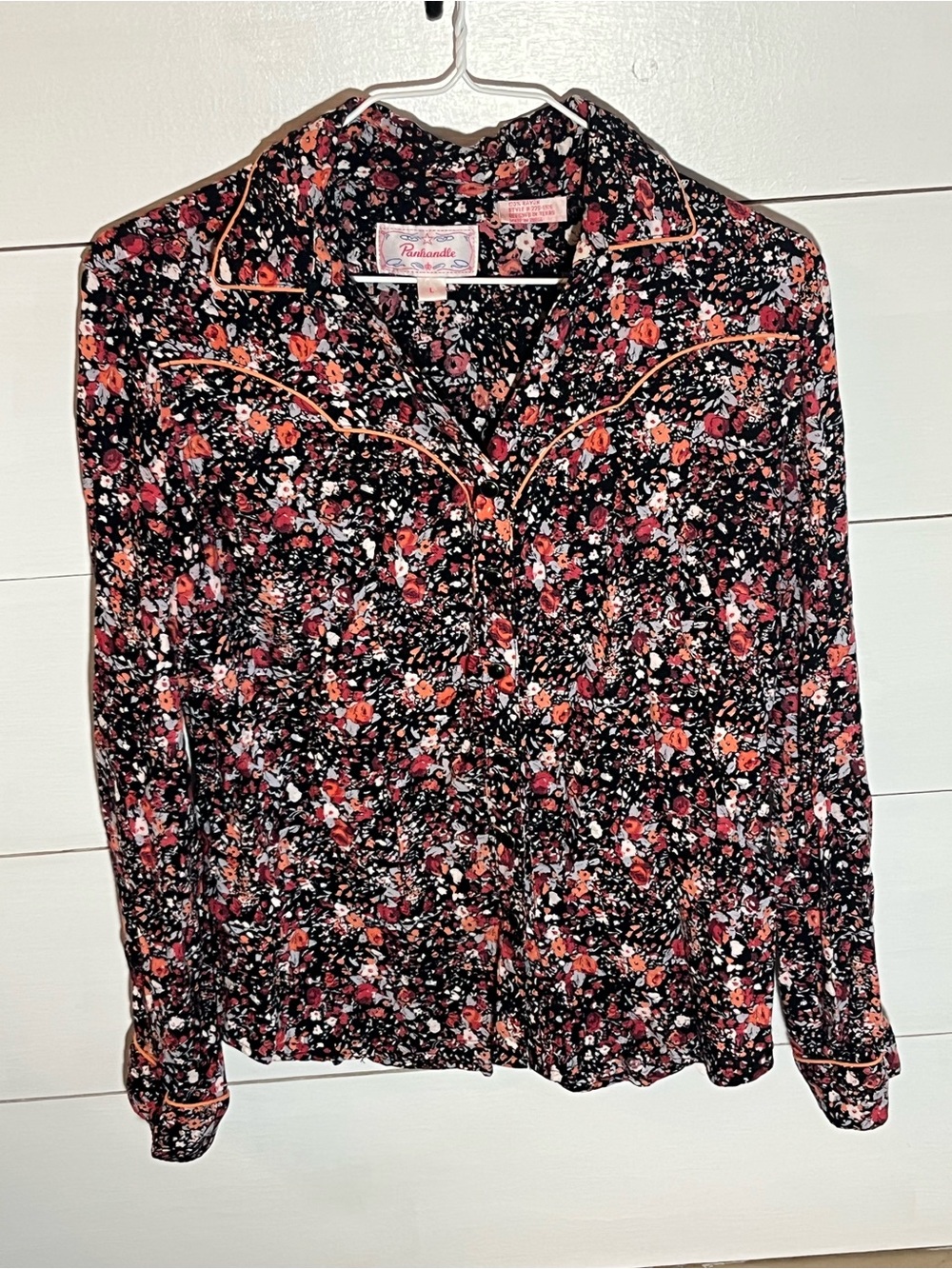 Panhandle Black Button-Down Blouse with Pink & Orange Floral Print